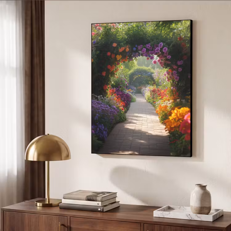 Doorkijk - Pad - Bloemen - Struik - Kleurrijk Textielframe - compleet frame klein -sfeer3