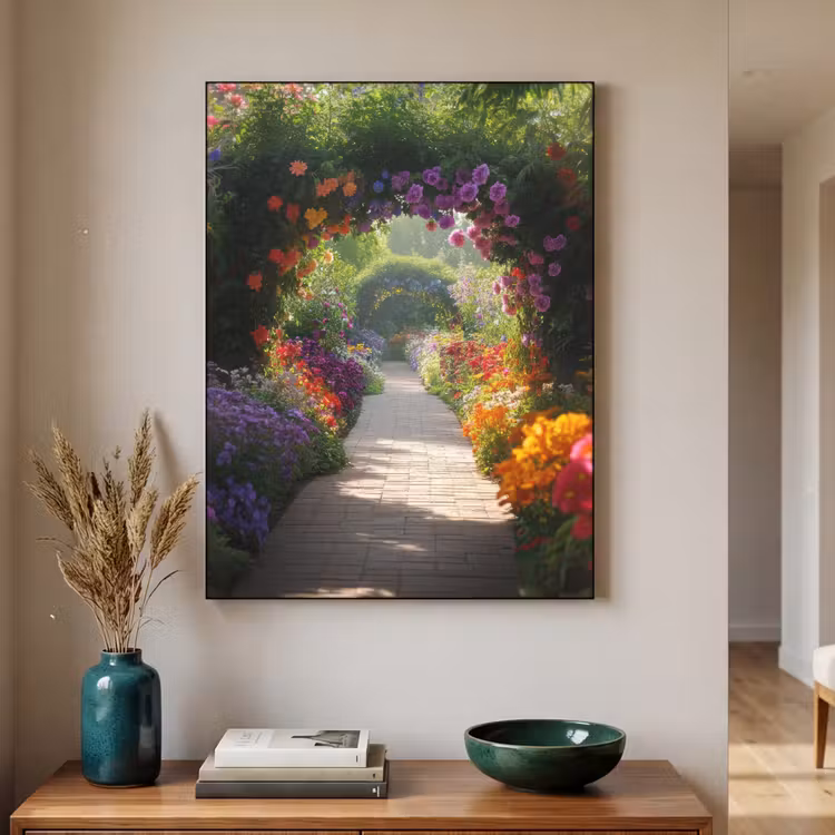 Doorkijk - Pad - Bloemen - Struik - Kleurrijk Textielframe - compleet frame klein -sfeer1