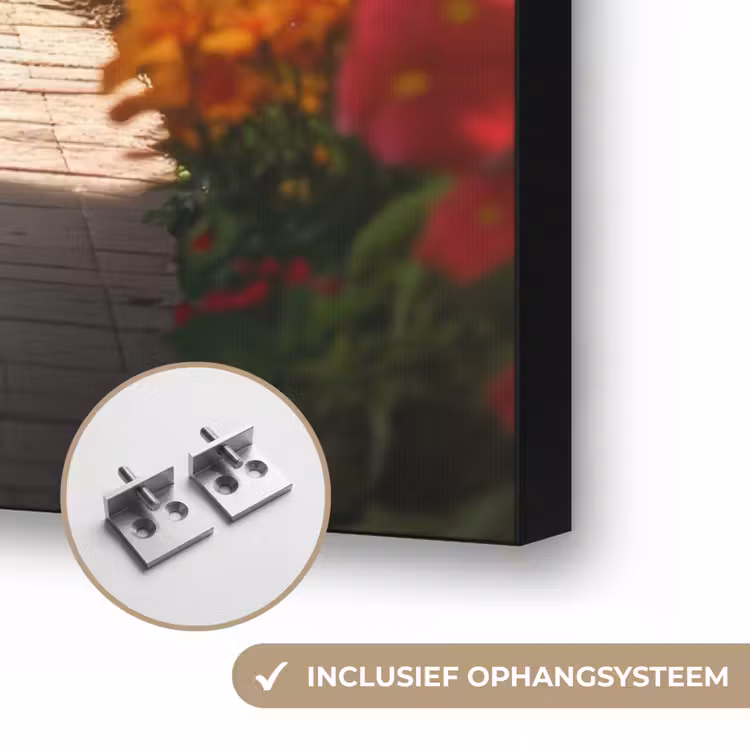 Doorkijk - Pad - Bloemen - Struik - Kleurrijk Textielframe zwart klein -USP_ophangsysteemNL