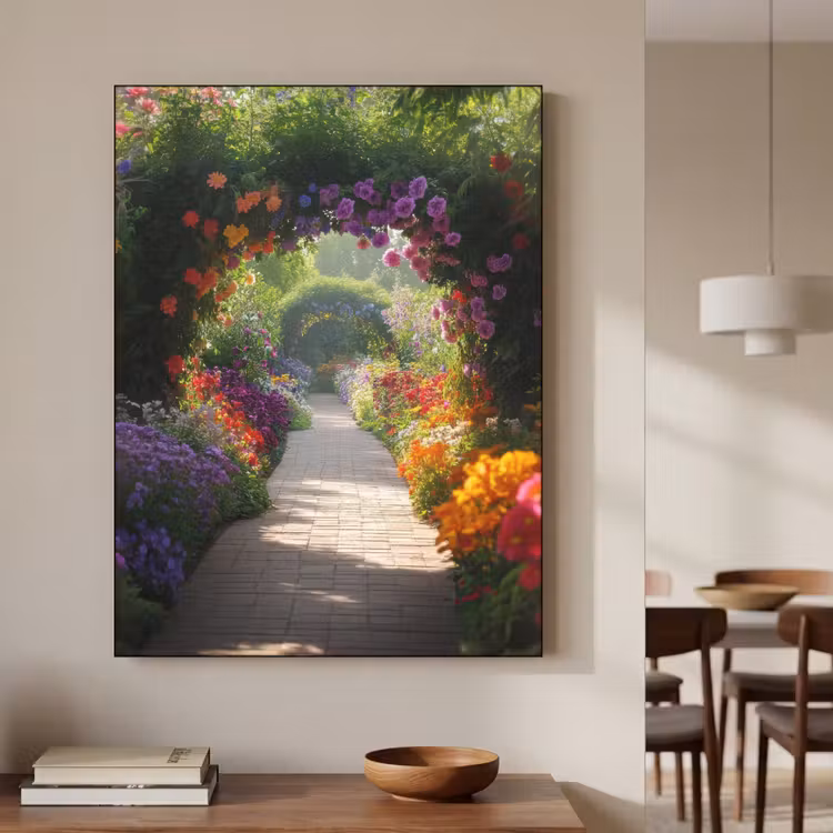 Doorkijk - Pad - Bloemen - Struik - Kleurrijk Textielframe zwart klein -sfeer2