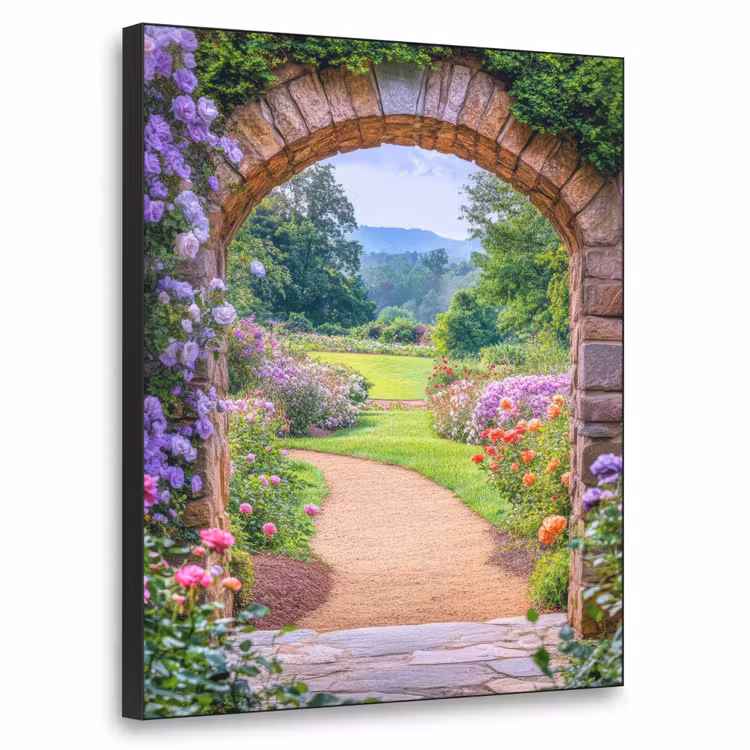 Doorkijk - Poort - Bloemen - Tuin Textielframe - compleet frame klein -3d