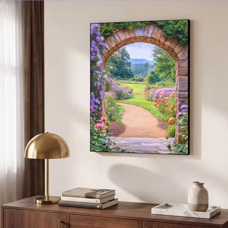 Doorkijk - Poort - Bloemen - Tuin Textielframe zwart klein -sfeer3