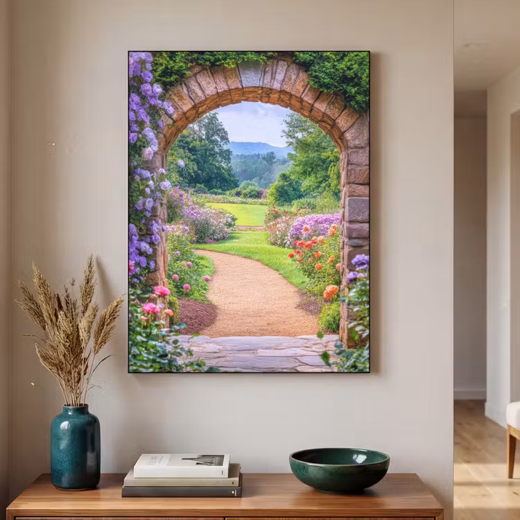Doorkijk - Poort - Bloemen - Tuin Textielframe zwart klein -sfeer1
