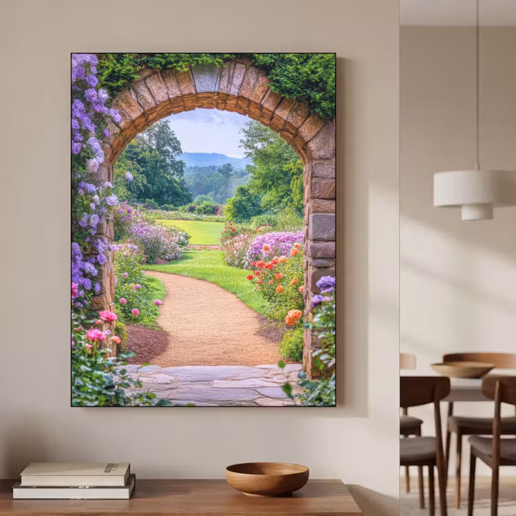 Doorkijk - Poort - Bloemen - Tuin Textielframe zwart klein -sfeer2