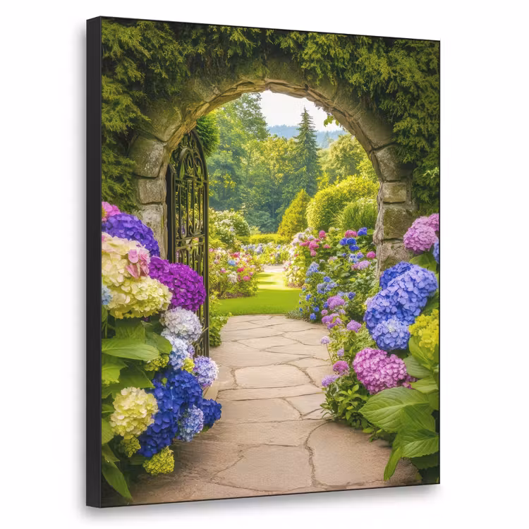 Doorkijk - Poort - Hortensia - Bloementuin Textielframe zwart klein -3d