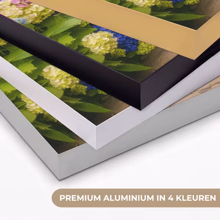Doorkijk - Poort - Hortensia - Bloementuin Textielframe zwart klein -USP_kleurenNL