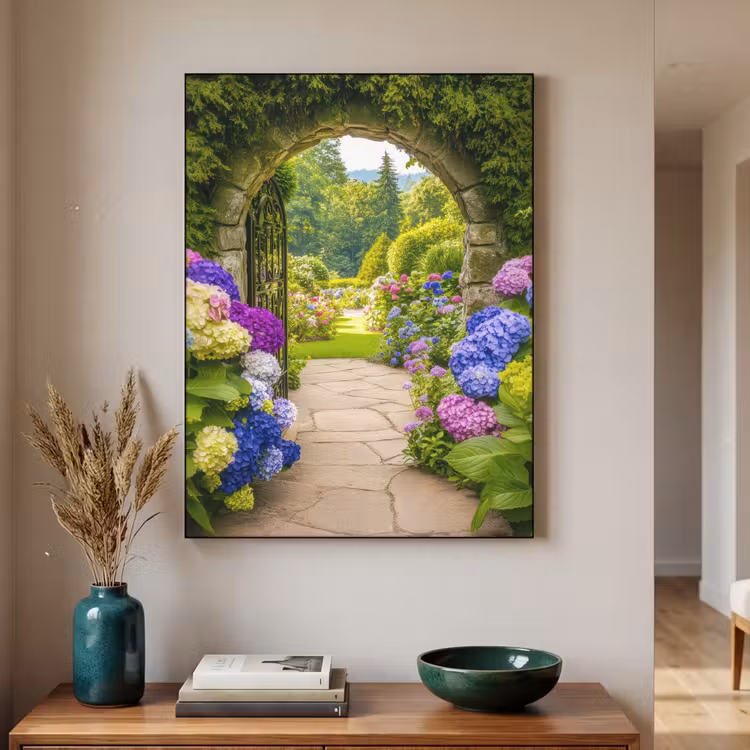 Doorkijk - Poort - Hortensia - Bloementuin Textielframe - compleet frame klein -sfeer1