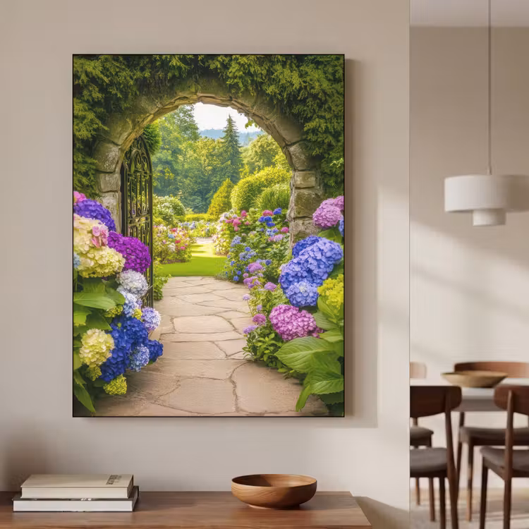 Doorkijk - Poort - Hortensia - Bloementuin Textielframe zwart klein -sfeer2