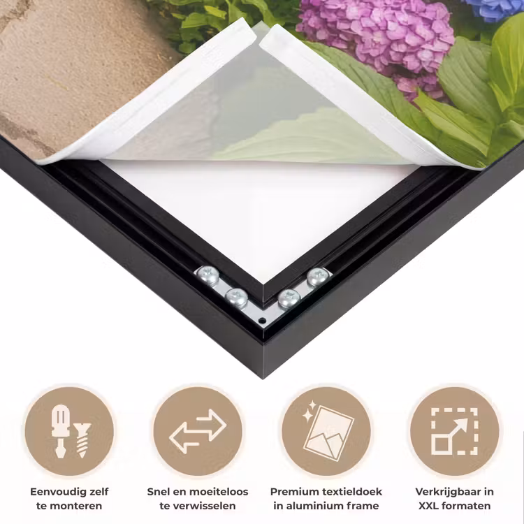 Doorkijk - Poort - Hortensia - Bloementuin Textielframe zwart klein -USP_closeupNL