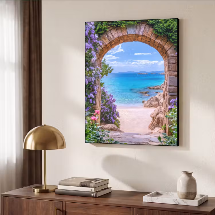 Doorkijk - Poort - Zee - Strand - Rotsen Textielframe - compleet frame klein -sfeer3