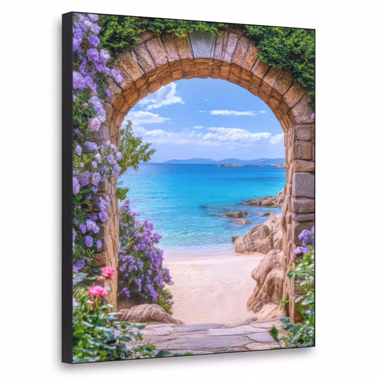 Doorkijk - Poort - Zee - Strand - Rotsen Textielframe zwart klein -3d