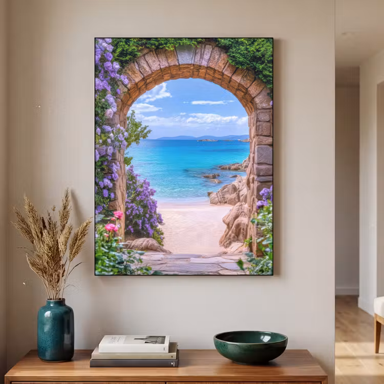 Doorkijk - Poort - Zee - Strand - Rotsen Textielframe - compleet frame klein -sfeer1