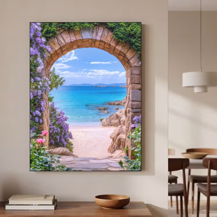 Doorkijk - Poort - Zee - Strand - Rotsen Textielframe - compleet frame klein -sfeer2