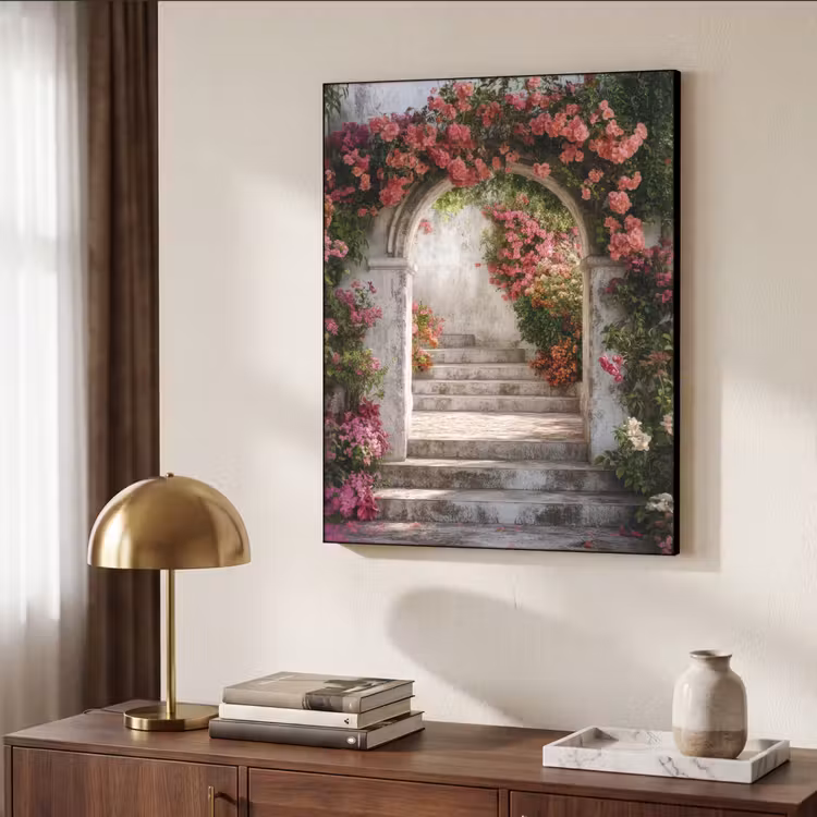Doorkijk - Rozen - Vintage - Poort Textielframe zwart klein -sfeer3