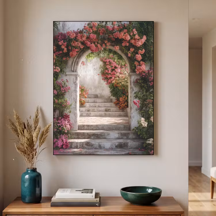 Doorkijk - Rozen - Vintage - Poort Textielframe zwart klein -sfeer1