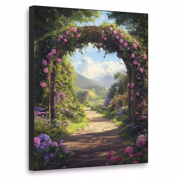 Doorkijk - Rozenboog - Uitzicht - Landschap - Bloemen Textielframe - compleet frame klein -3d