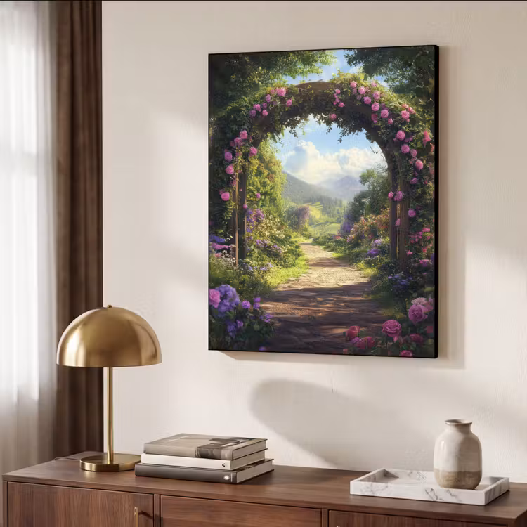 Doorkijk - Rozenboog - Uitzicht - Landschap - Bloemen Textielframe - compleet frame klein -sfeer3