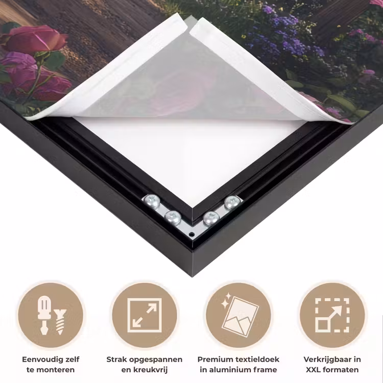 Doorkijk - Rozenboog - Uitzicht - Landschap - Bloemen Textielframe zwart klein -USP_feed_closeupNL