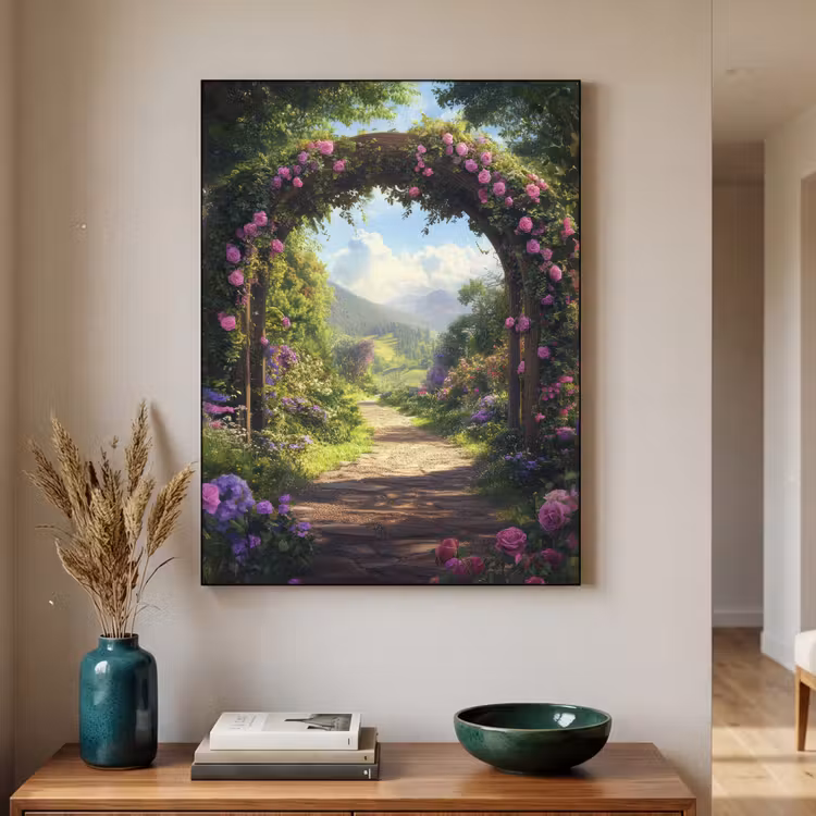 Doorkijk - Rozenboog - Uitzicht - Landschap - Bloemen Textielframe zwart klein -sfeer1