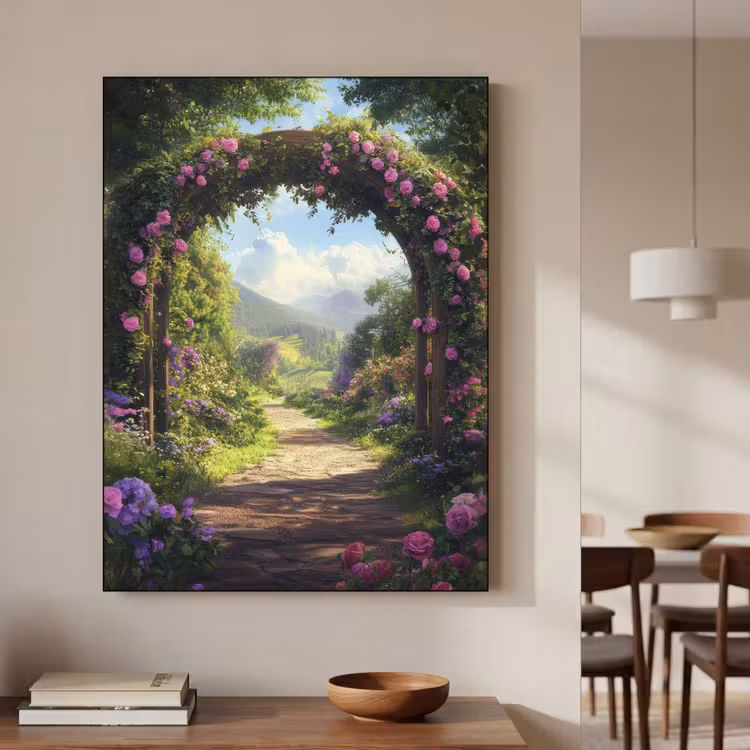 Doorkijk - Rozenboog - Uitzicht - Landschap - Bloemen Textielframe zwart klein -sfeer2