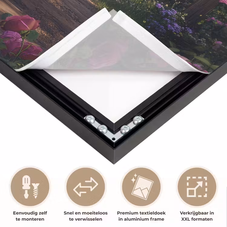 Doorkijk - Rozenboog - Uitzicht - Landschap - Bloemen Textielframe zwart klein -USP_closeupNL