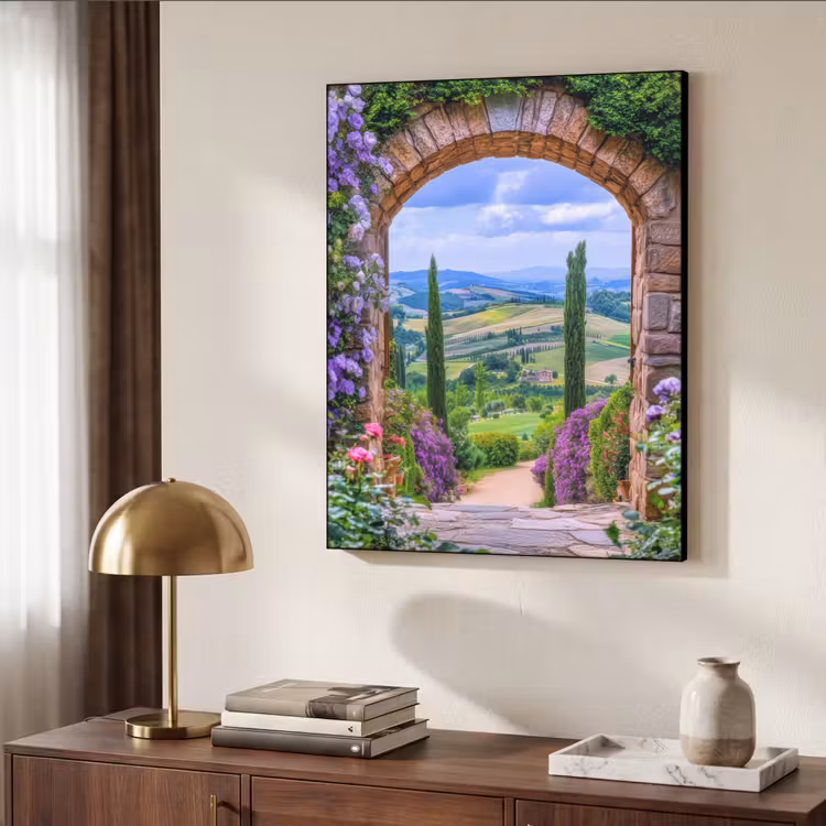 Doorkijk - Toscane - Landschap - Poort Textielframe - compleet frame klein -sfeer3