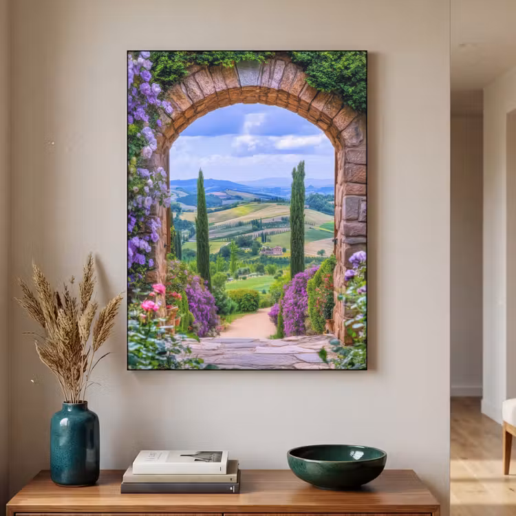 Doorkijk - Toscane - Landschap - Poort Textielframe - compleet frame klein -sfeer1