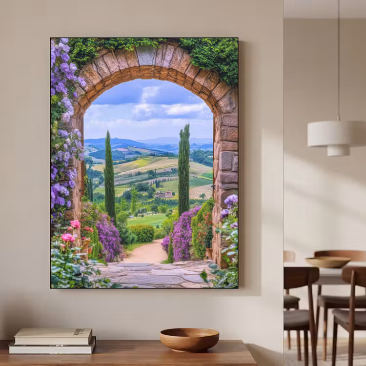 Doorkijk - Toscane - Landschap - Poort Textielframe zwart klein -sfeer2