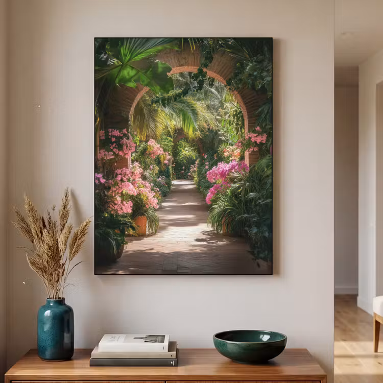 Doorkijk - Tropisch - Bloemen - Natuur Textielframe - compleet frame klein -sfeer1