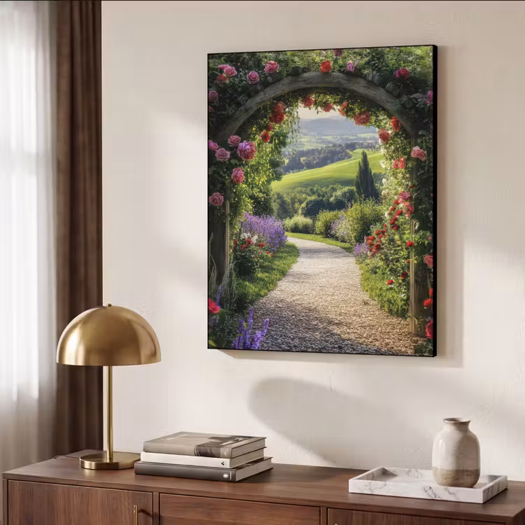 Doorkijk - Tuinboog - Bloemen - Natuur - Pad Textielframe - compleet frame klein -sfeer3