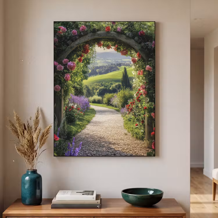 Doorkijk - Tuinboog - Bloemen - Natuur - Pad Textielframe - compleet frame klein -sfeer1