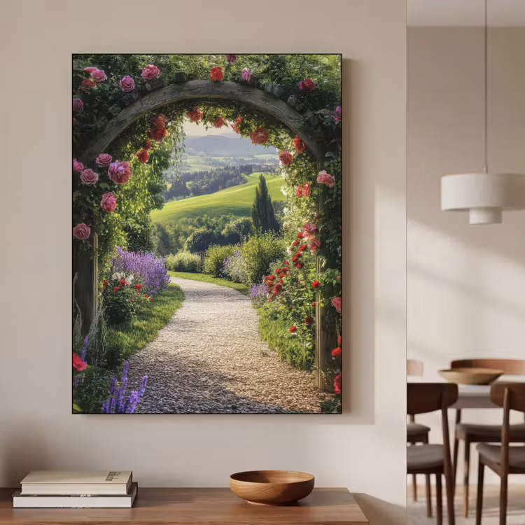 Doorkijk - Tuinboog - Bloemen - Natuur - Pad Textielframe - compleet frame klein -sfeer2