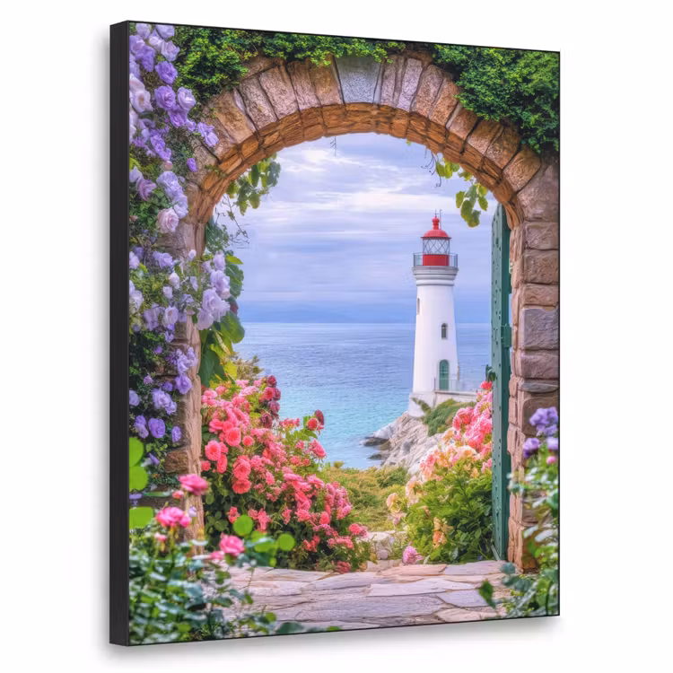 Doorkijk - Vuurtoren - Bloemen - Uitzicht Textielframe - compleet frame klein -3d