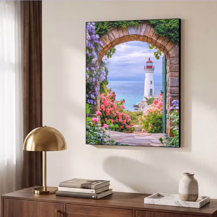 Doorkijk - Vuurtoren - Bloemen - Uitzicht Textielframe - compleet frame klein -sfeer3