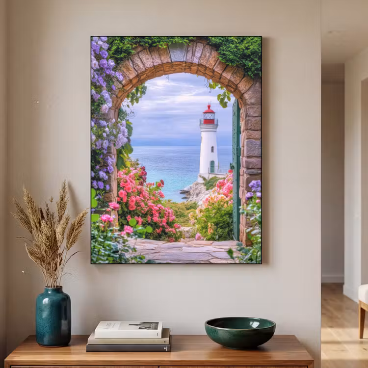 Doorkijk - Vuurtoren - Bloemen - Uitzicht Textielframe - compleet frame klein -sfeer1
