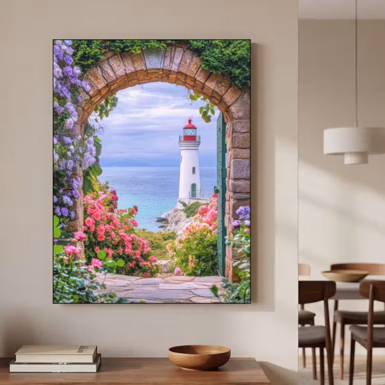 Doorkijk - Vuurtoren - Bloemen - Uitzicht Textielframe - compleet frame klein -sfeer2