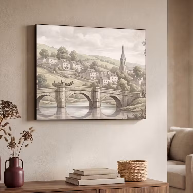 Dorp - Brug - Uitzicht - Groen Textielframe zwart klein -sfeer3
