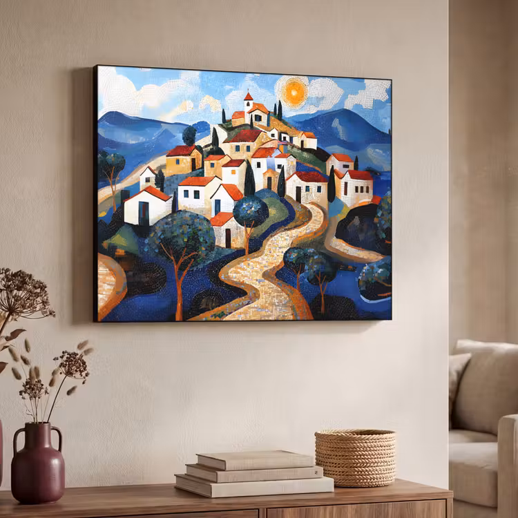 Dorp - Heuvelachtig - Zon - Mozaïek Textielframe - compleet frame klein -sfeer3