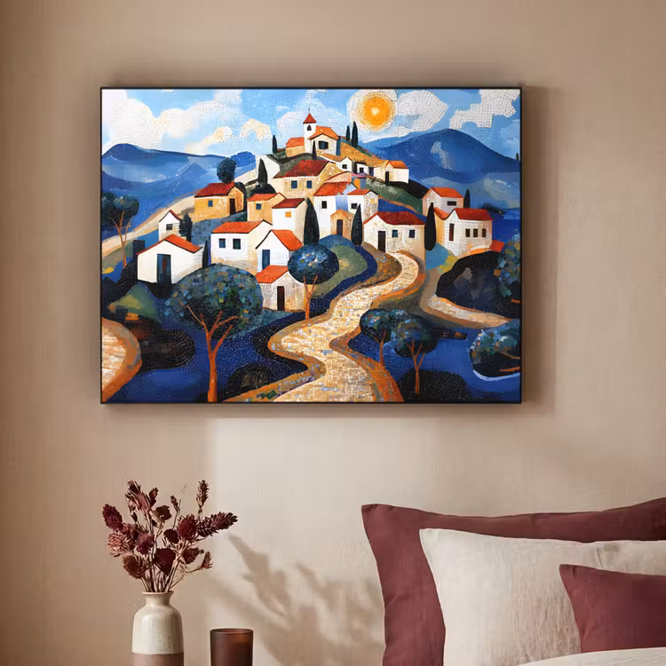 Dorp - Heuvelachtig - Zon - Mozaïek Textielframe - compleet frame klein -sfeer1