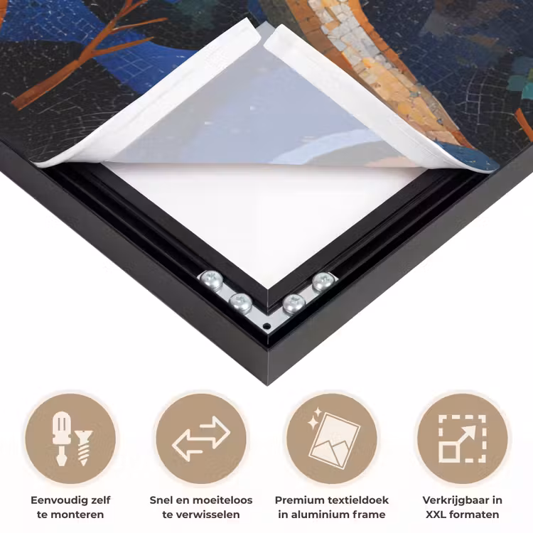 Dorp - Heuvelachtig - Zon - Mozaïek Textielframe zwart klein -USP_closeupNL