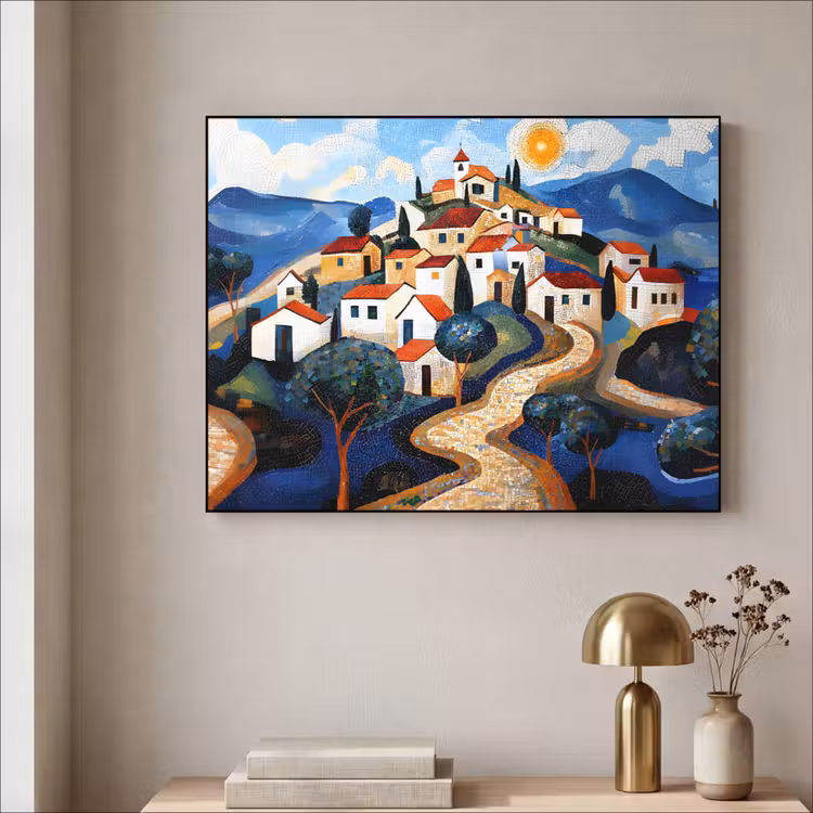Dorp - Heuvelachtig - Zon - Mozaïek Textielframe - compleet frame klein -sfeer2