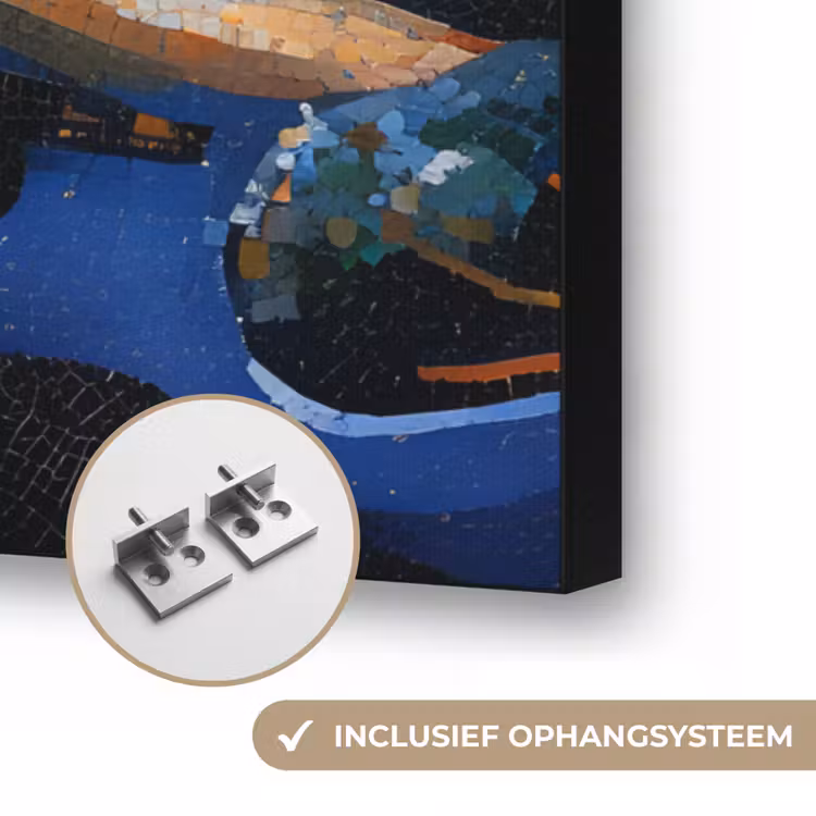 Dorp - Heuvelachtig - Zon - Mozaïek Textielframe zwart klein -USP_ophangsysteemNL