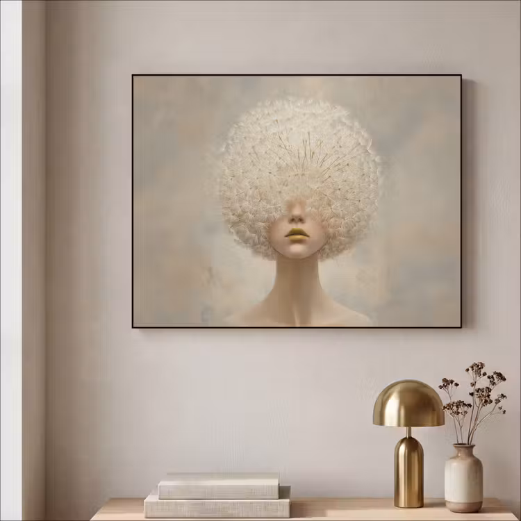 Dromerig - Beige - Paardenbloemzaadjes Textielframe zwart klein -sfeer2