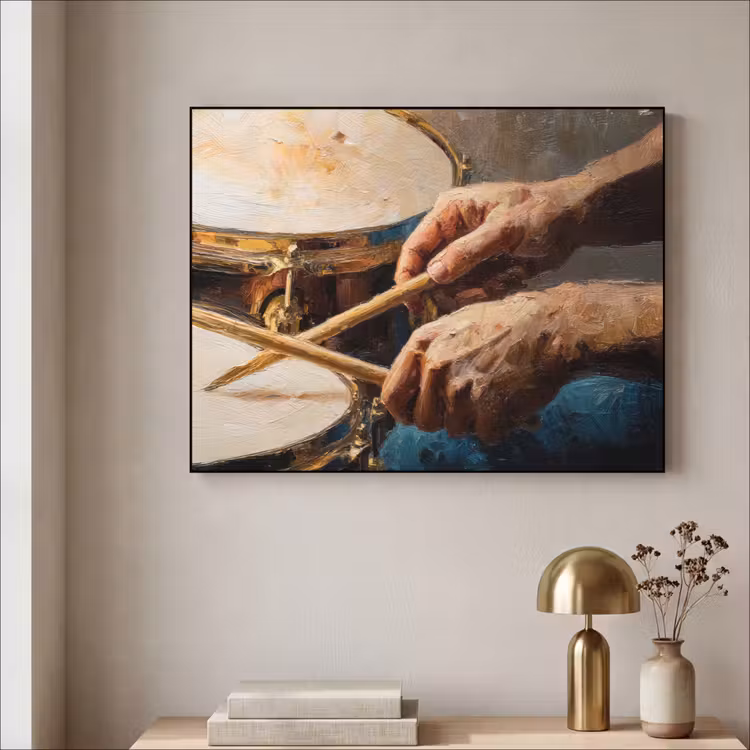Drumstokken - Olieverf - Man Textielframe - compleet frame klein -sfeer2