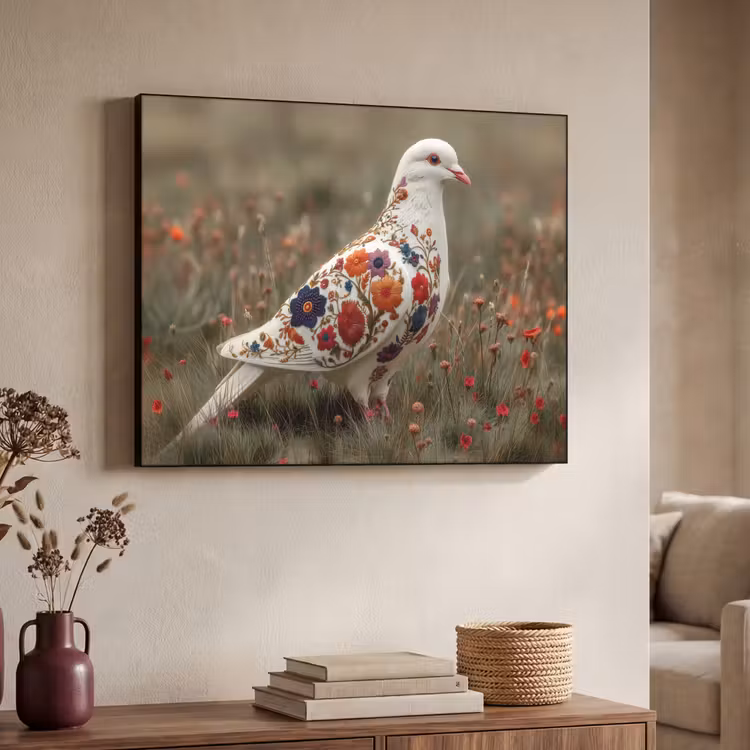 Duif - Bloemen - Natuur Textielframe - compleet frame klein -sfeer3