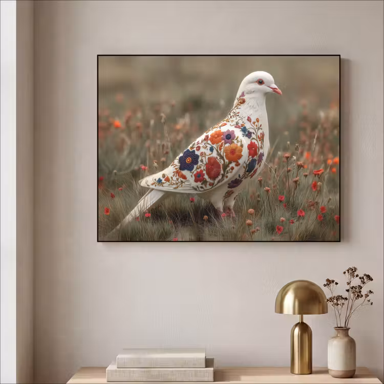 Duif - Bloemen - Natuur Textielframe zwart klein -sfeer2