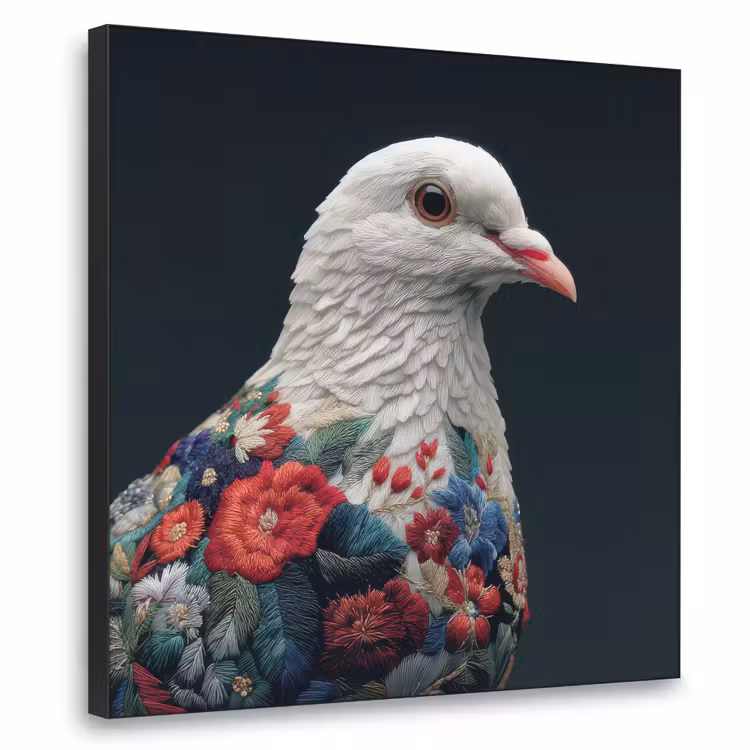 Duif - Bloemen - Wit - Zwart Textielframe - compleet frame klein -3d