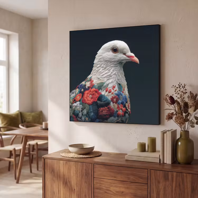 Duif - Bloemen - Wit - Zwart Textielframe - compleet frame klein -sfeer3