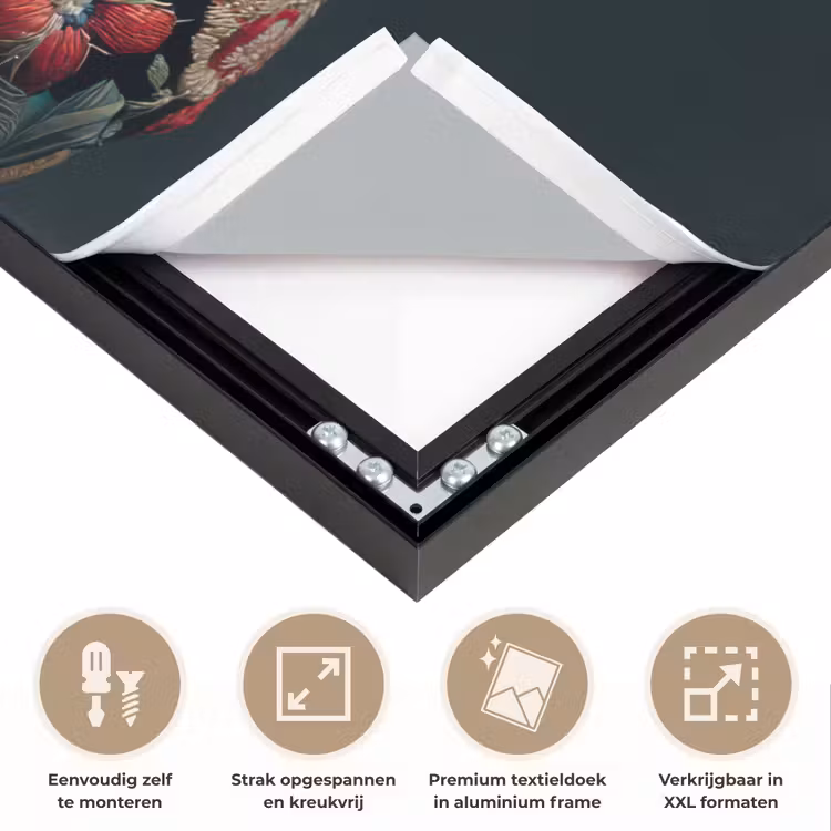 Duif - Bloemen - Wit - Zwart Textielframe zwart klein -USP_feed_closeupNL