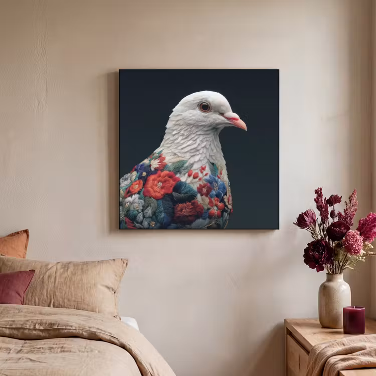 Duif - Bloemen - Wit - Zwart Textielframe zwart klein -sfeer1